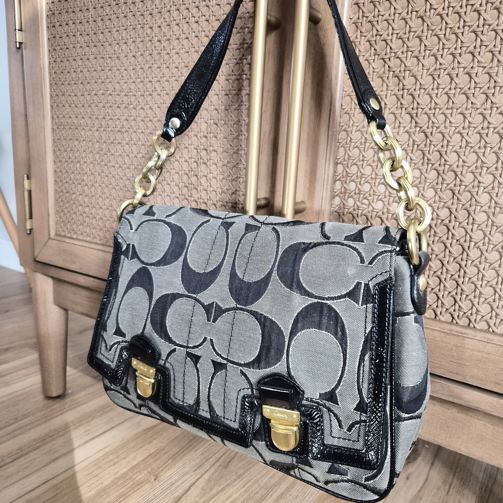 Coach Black and Gray Signature Shoulder Bag